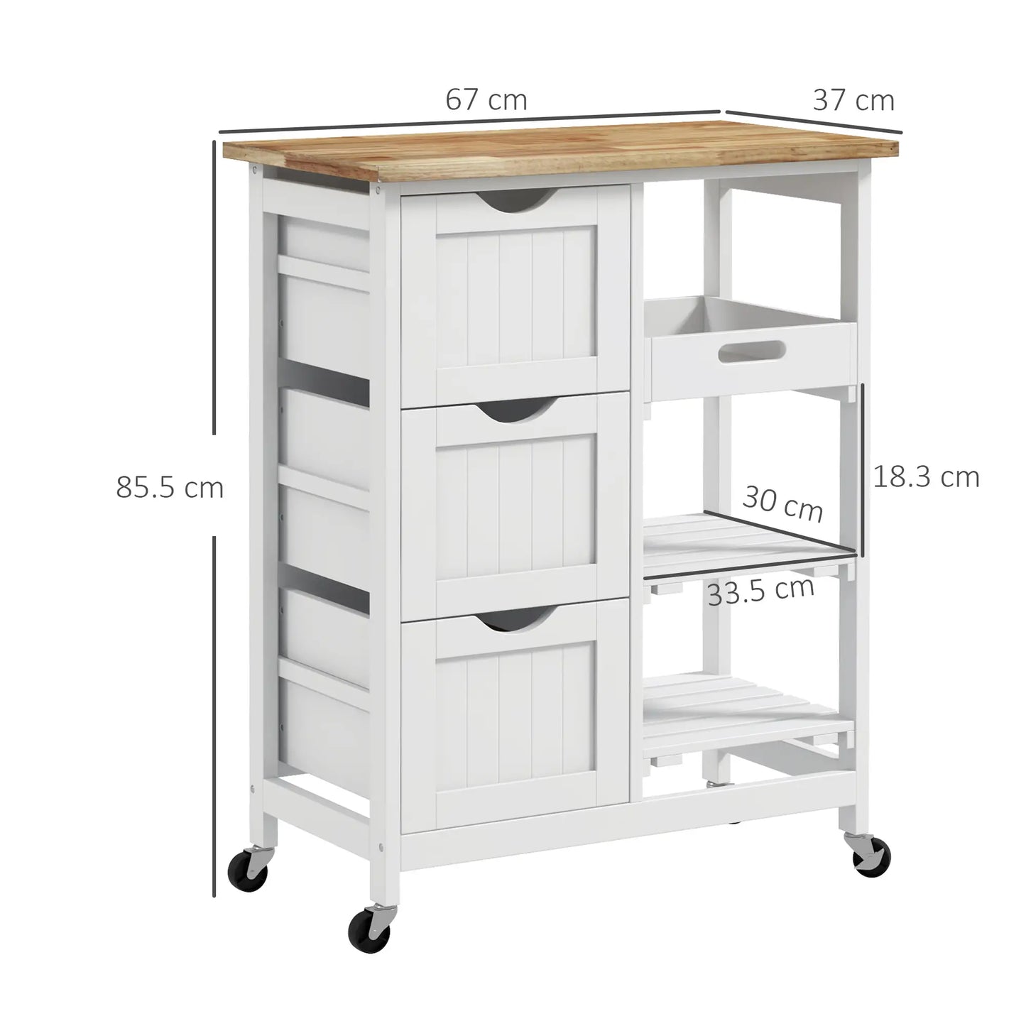 HOMCOM White Kitchen Island Cart with Drawers, Shelves & Wooden Top – Rolling Storage Trolley