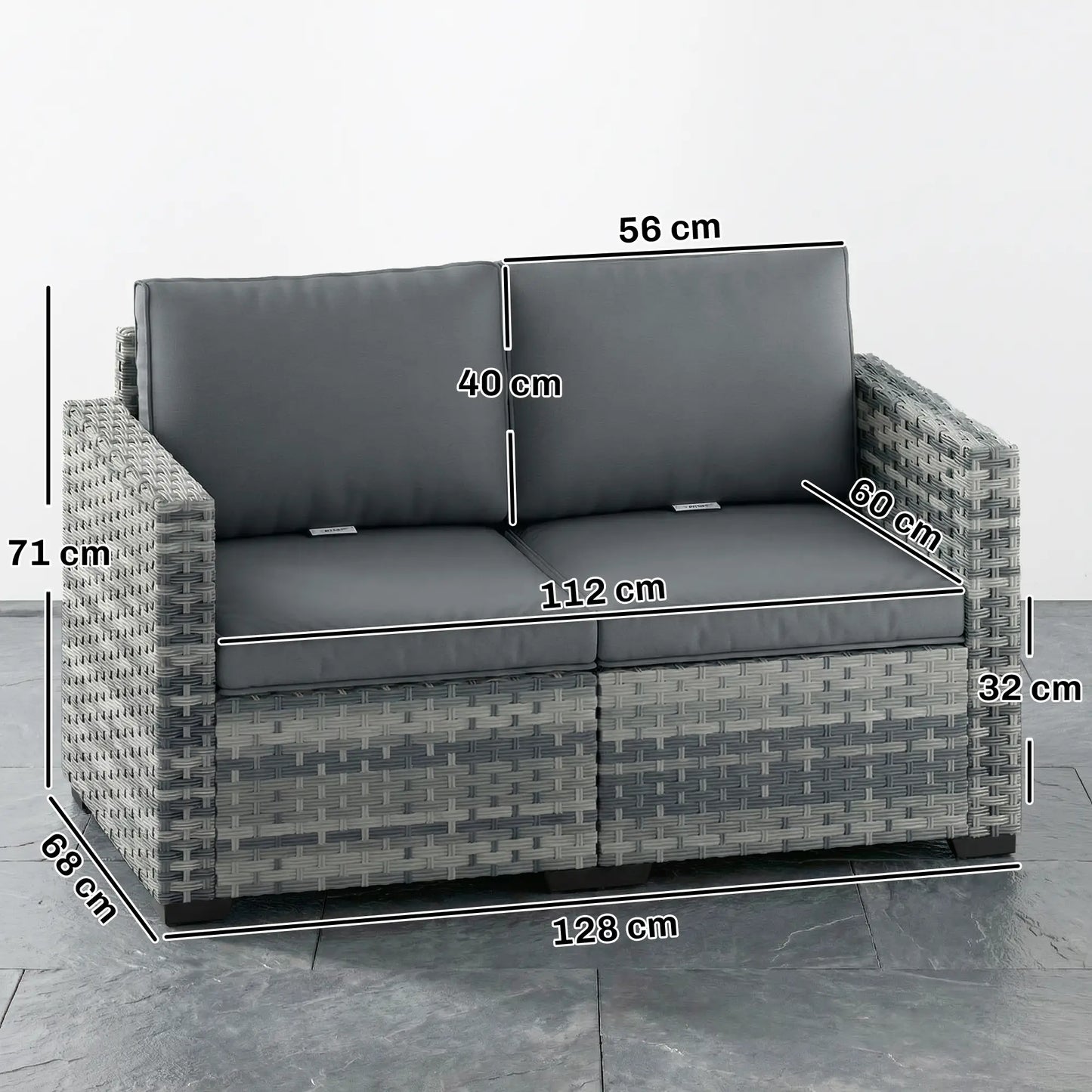 Outsunny 2 Seater Rattan Garden Sofa with Cushions – Patio Balcony Outdoor Seating Grey