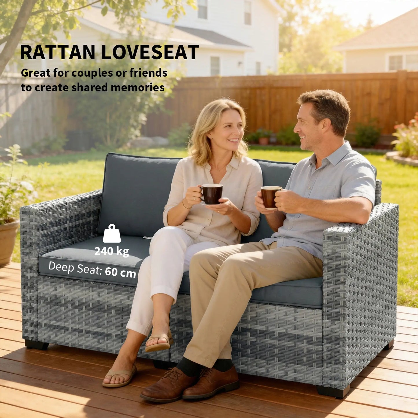Outsunny 2 Seater Rattan Garden Sofa with Cushions – Patio Balcony Outdoor Seating Grey