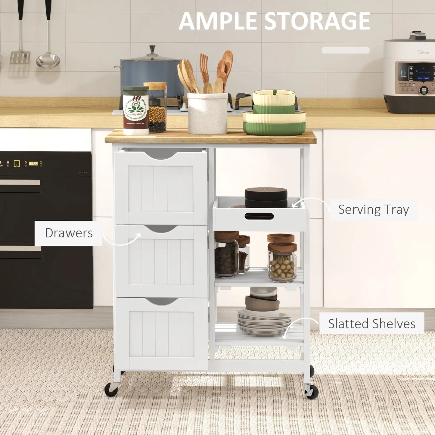HOMCOM White Kitchen Island Cart with Drawers, Shelves & Wooden Top – Rolling Storage Trolley