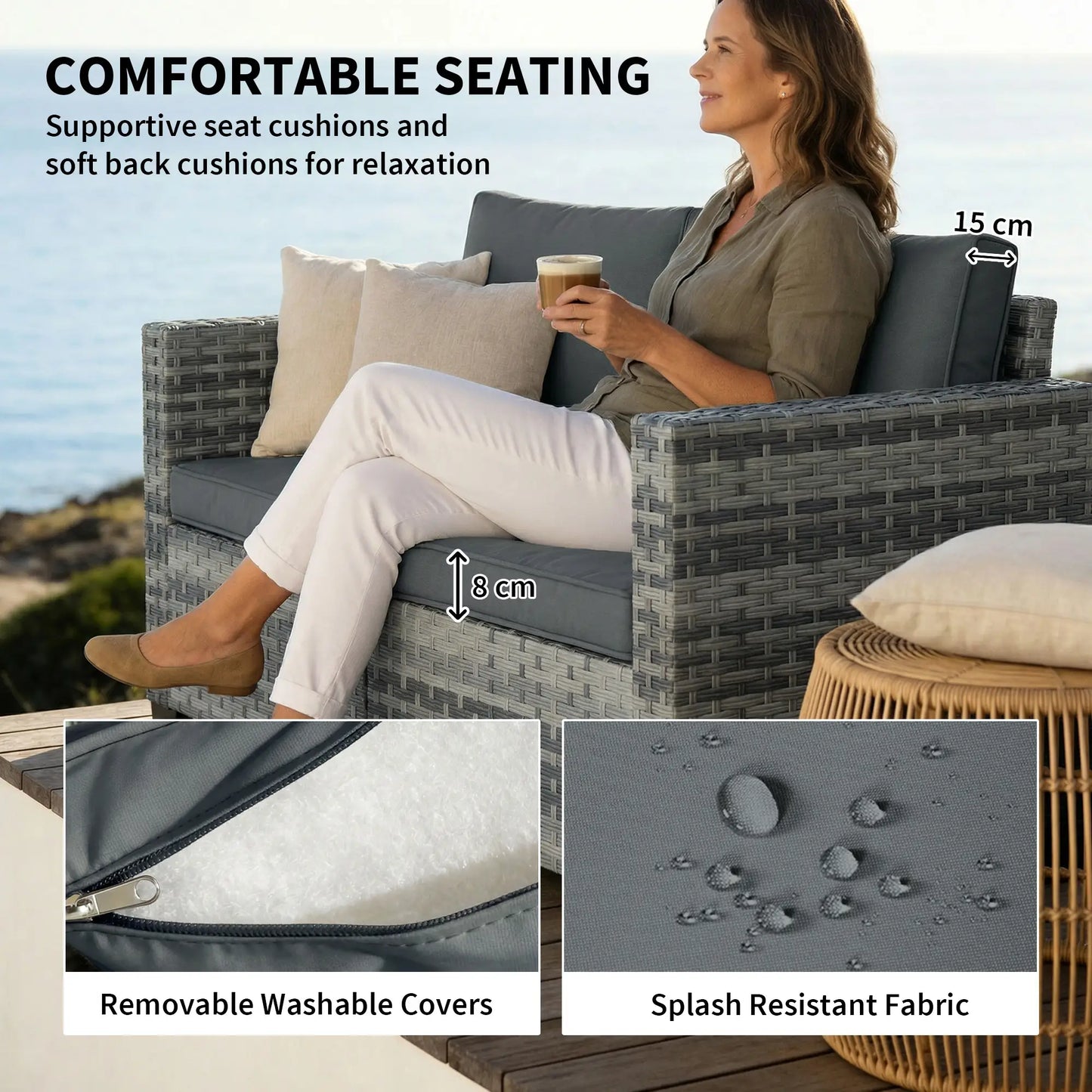 Outsunny 2 Seater Rattan Garden Sofa with Cushions – Patio Balcony Outdoor Seating Grey