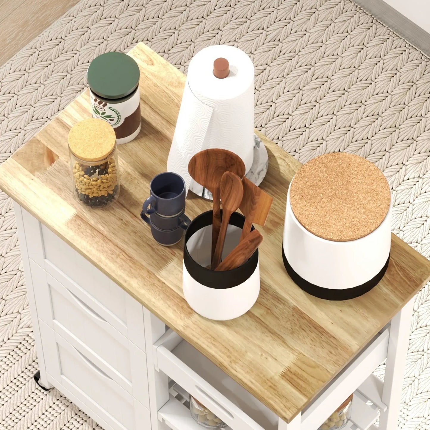 HOMCOM White Kitchen Island Cart with Drawers, Shelves & Wooden Top – Rolling Storage Trolley