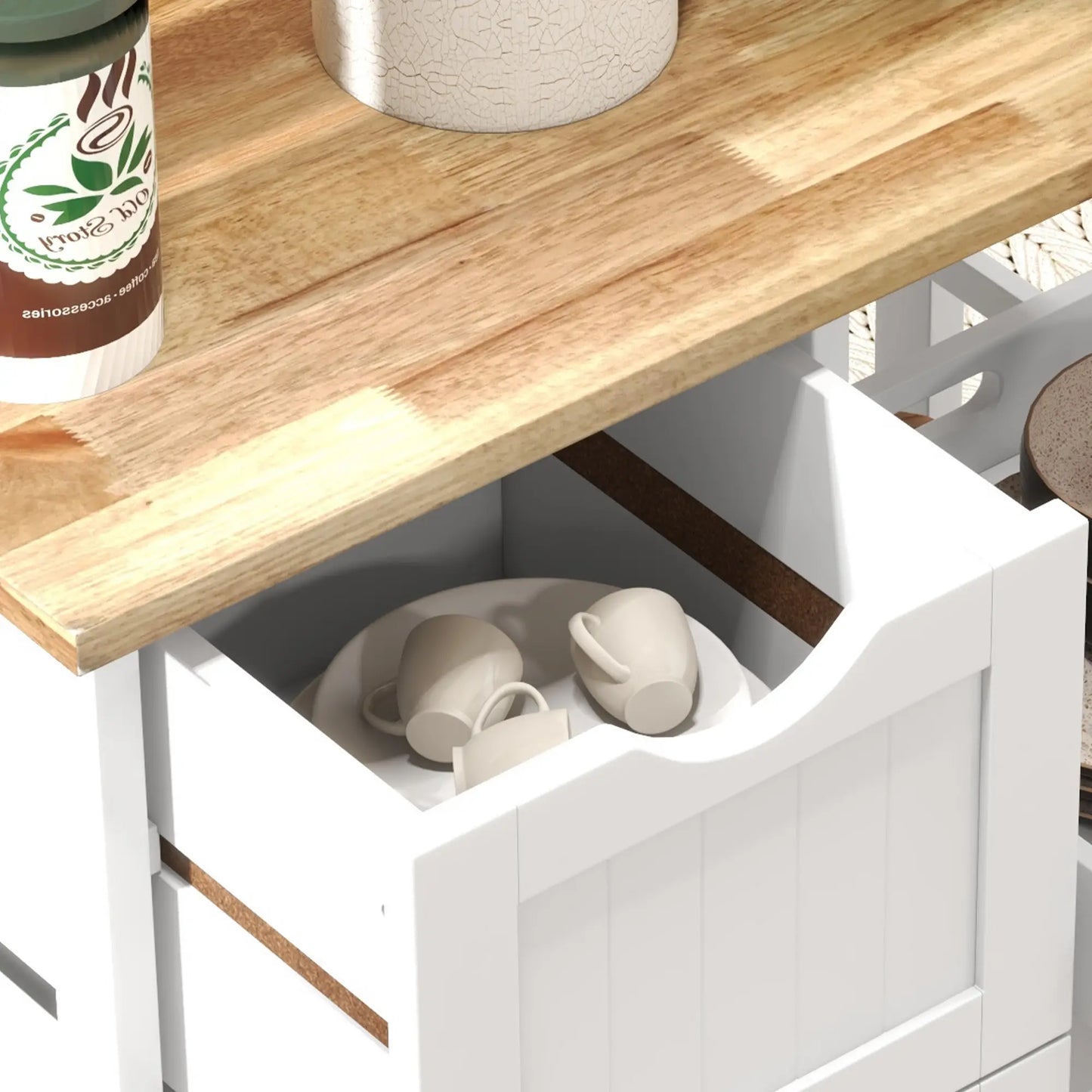 HOMCOM White Kitchen Island Cart with Drawers, Shelves & Wooden Top – Rolling Storage Trolley