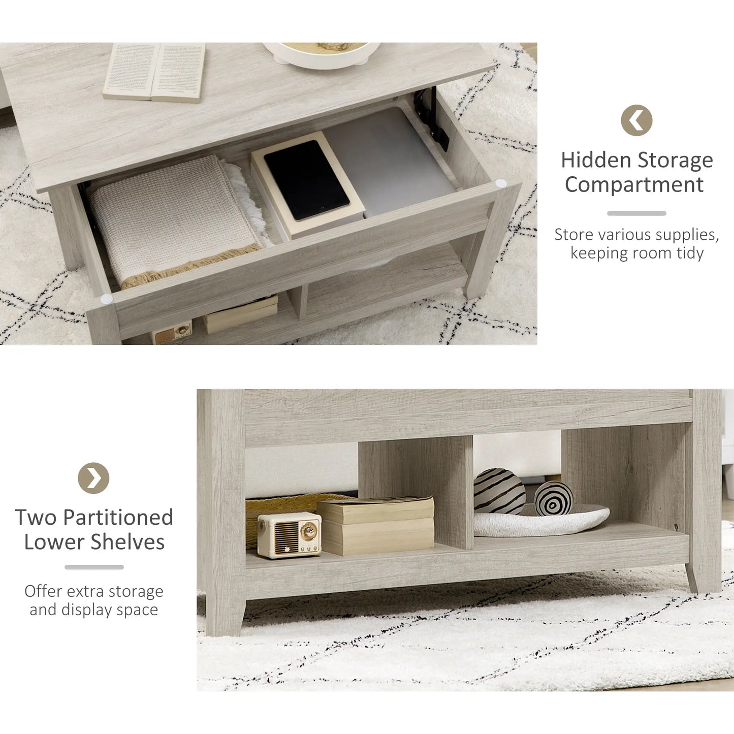HOMCOM Lift Top Coffee Table with Hidden Storage & Open Shelves – Modern Oak Effect