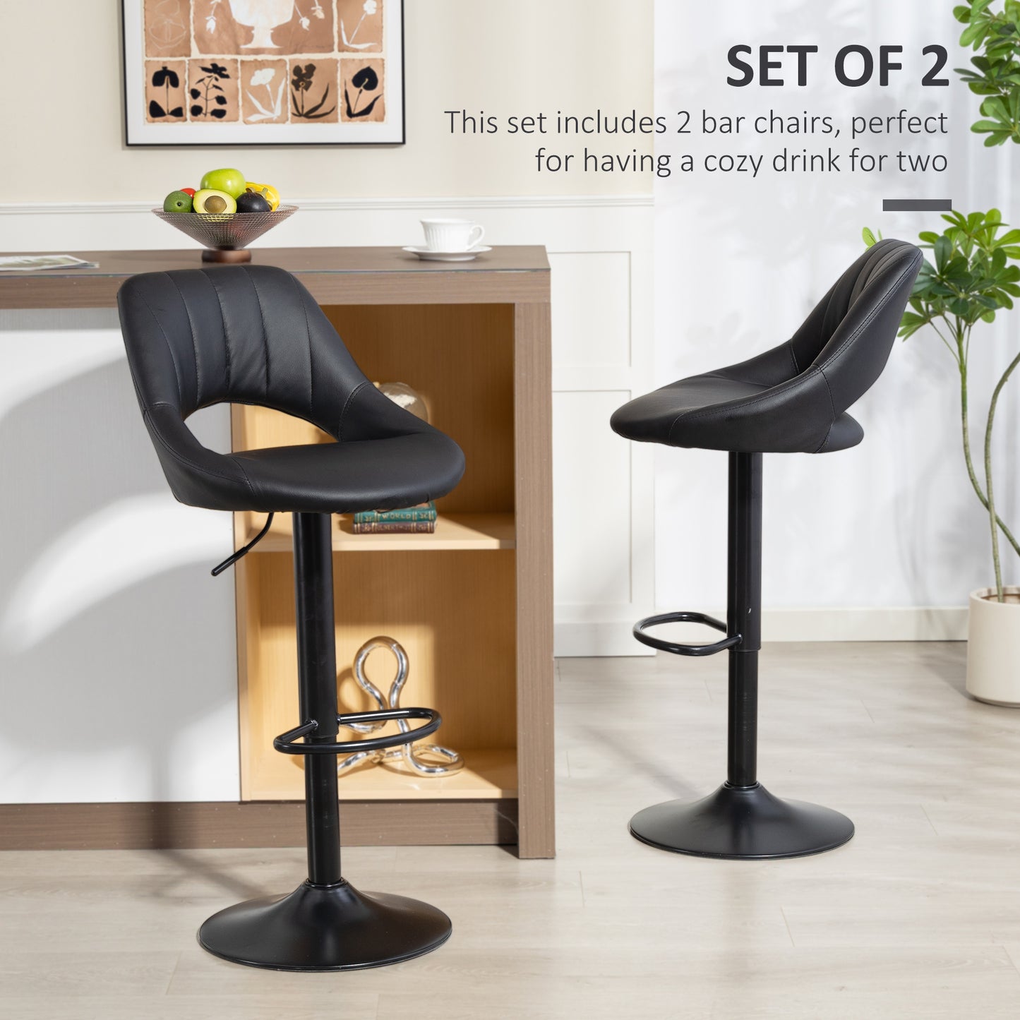 Faux Leather Bar Stools - Set of Two (x2) in Black