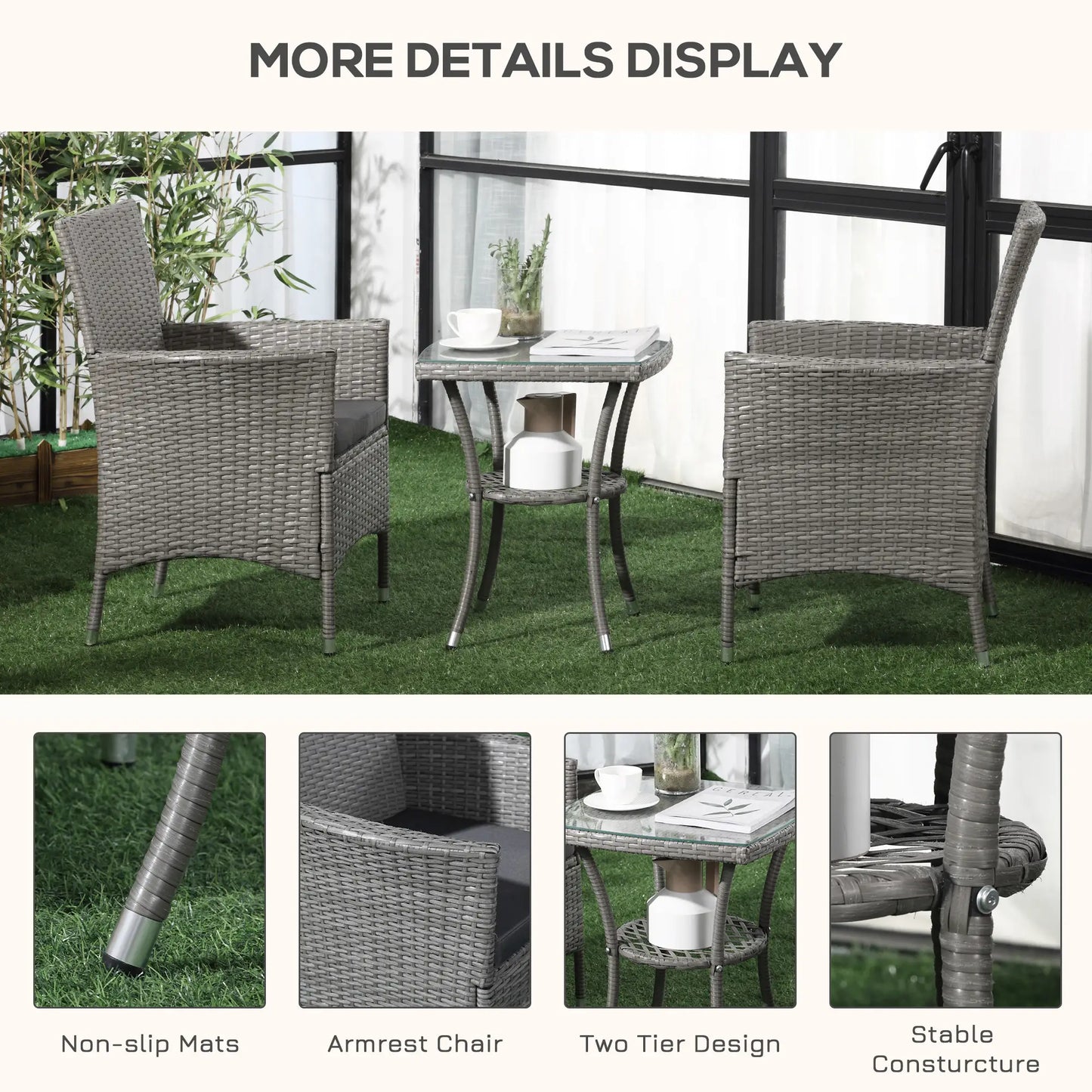 3 Pieces Rattan Bistro Set, Wicker Garden Furniture Set with 2-Tier Coffee Table and Chairs in Grey