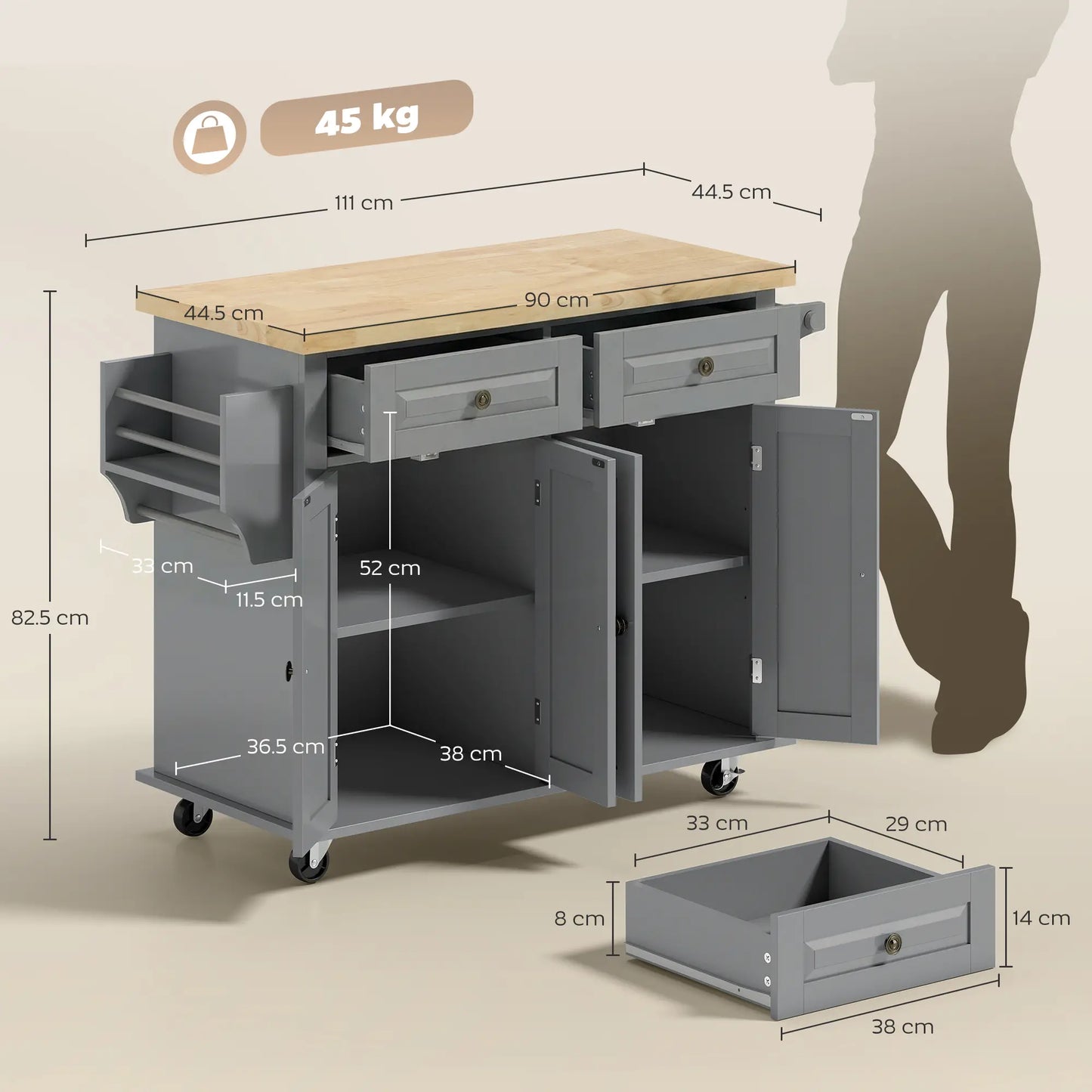 Kitchen Island Storage Rolling Trolley with Rubber Wood Top - Grey