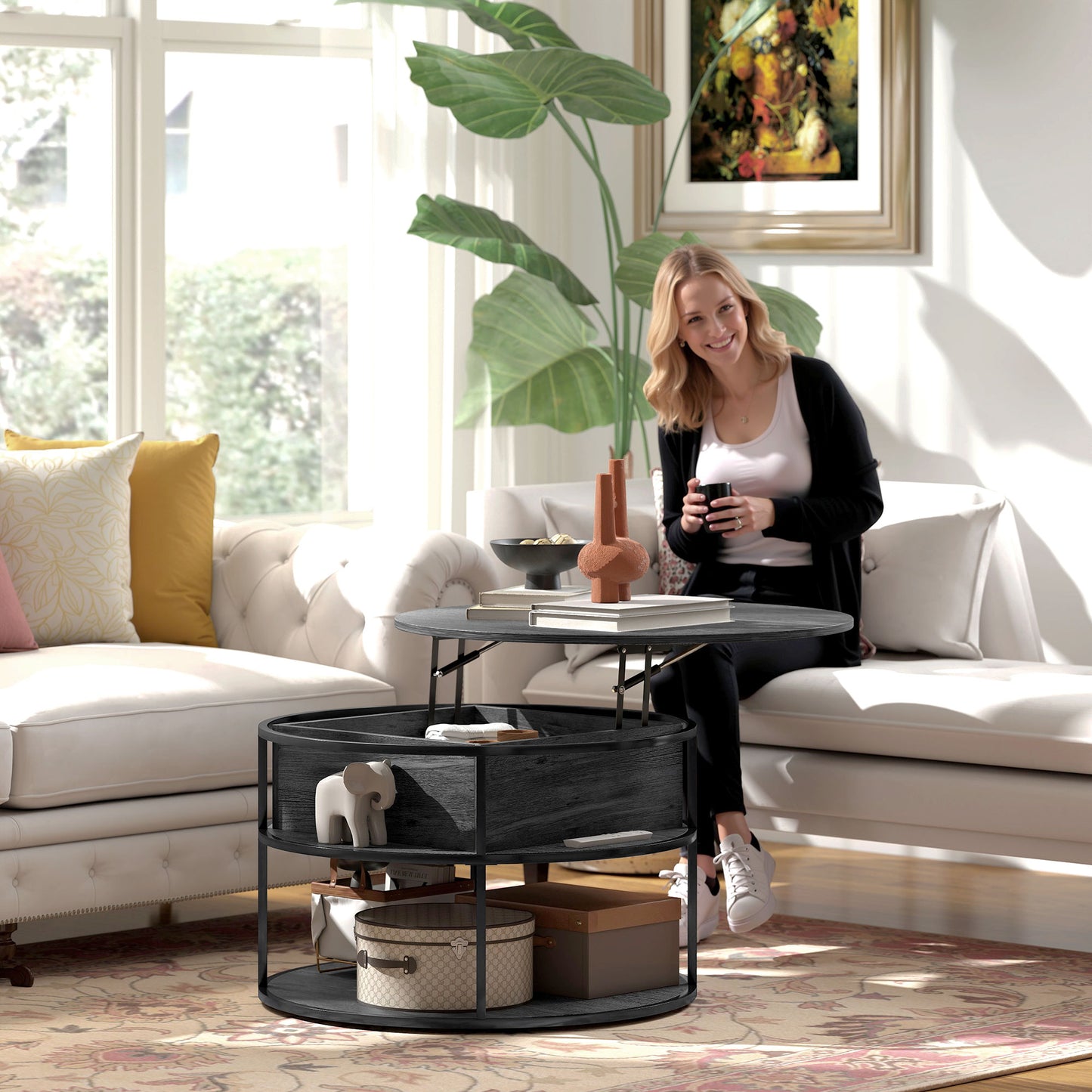 Round Coffee Table with Lift Top and Storage Shelf and Hidden Compartment
