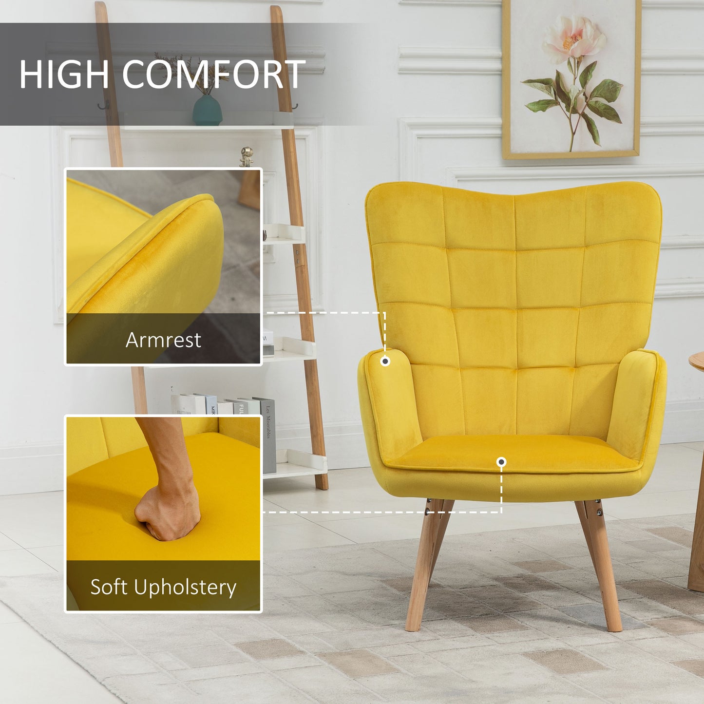 Accent Modern Armchair (HOMCOM) Cushioned Upholstered Velvet Tufted Wingback Leisure Armchair in Yellow