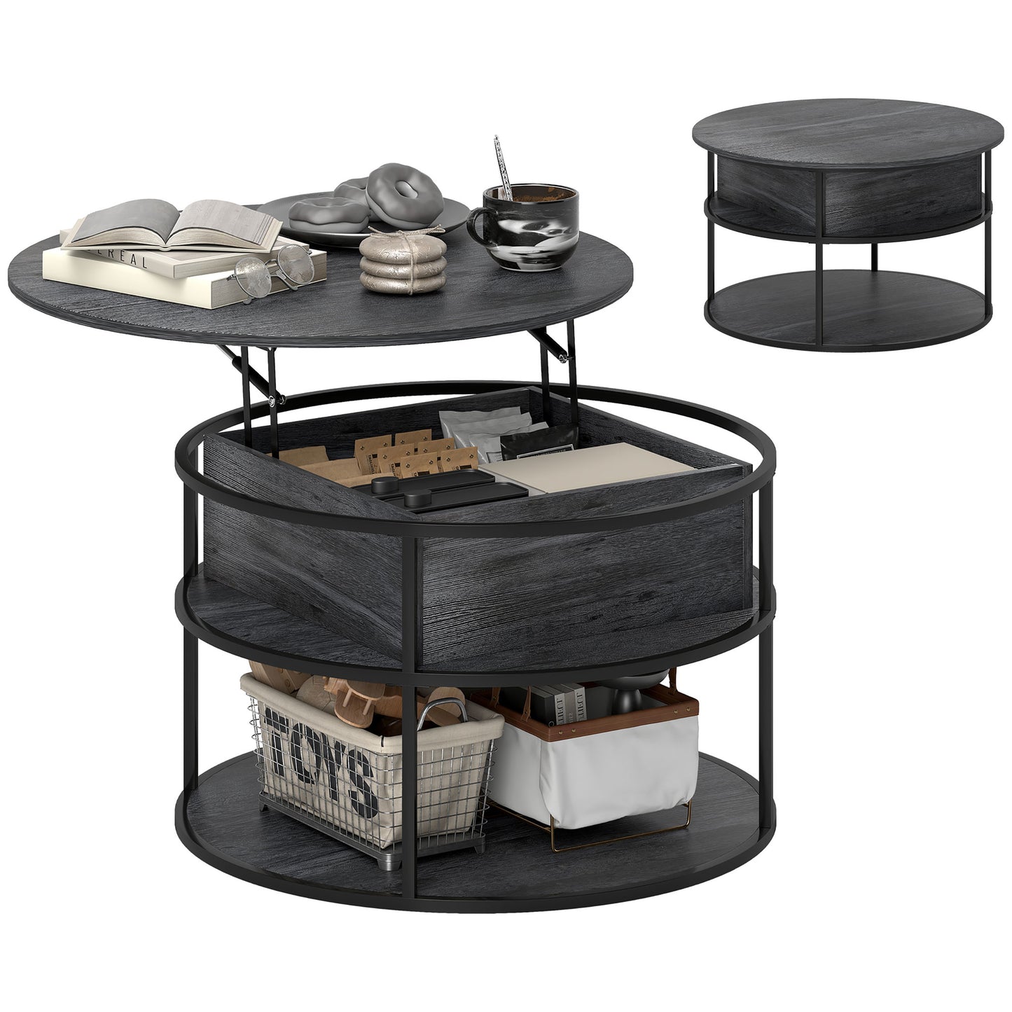 Round Coffee Table with Lift Top and Storage Shelf and Hidden Compartment
