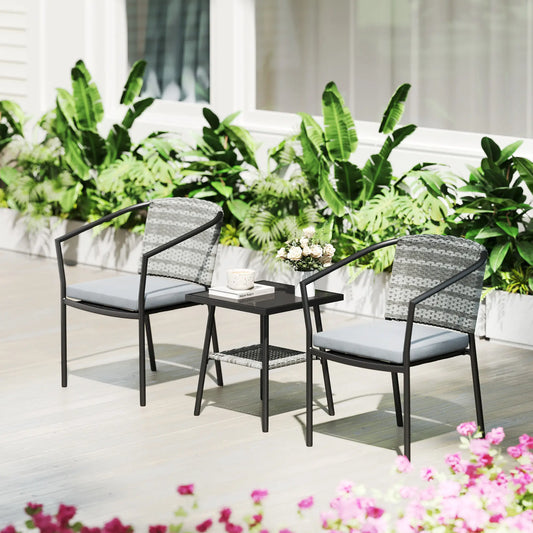 3 Pieces Rattan Bistro Set with Cushions -  Glass Top Coffee Table (in Grey)