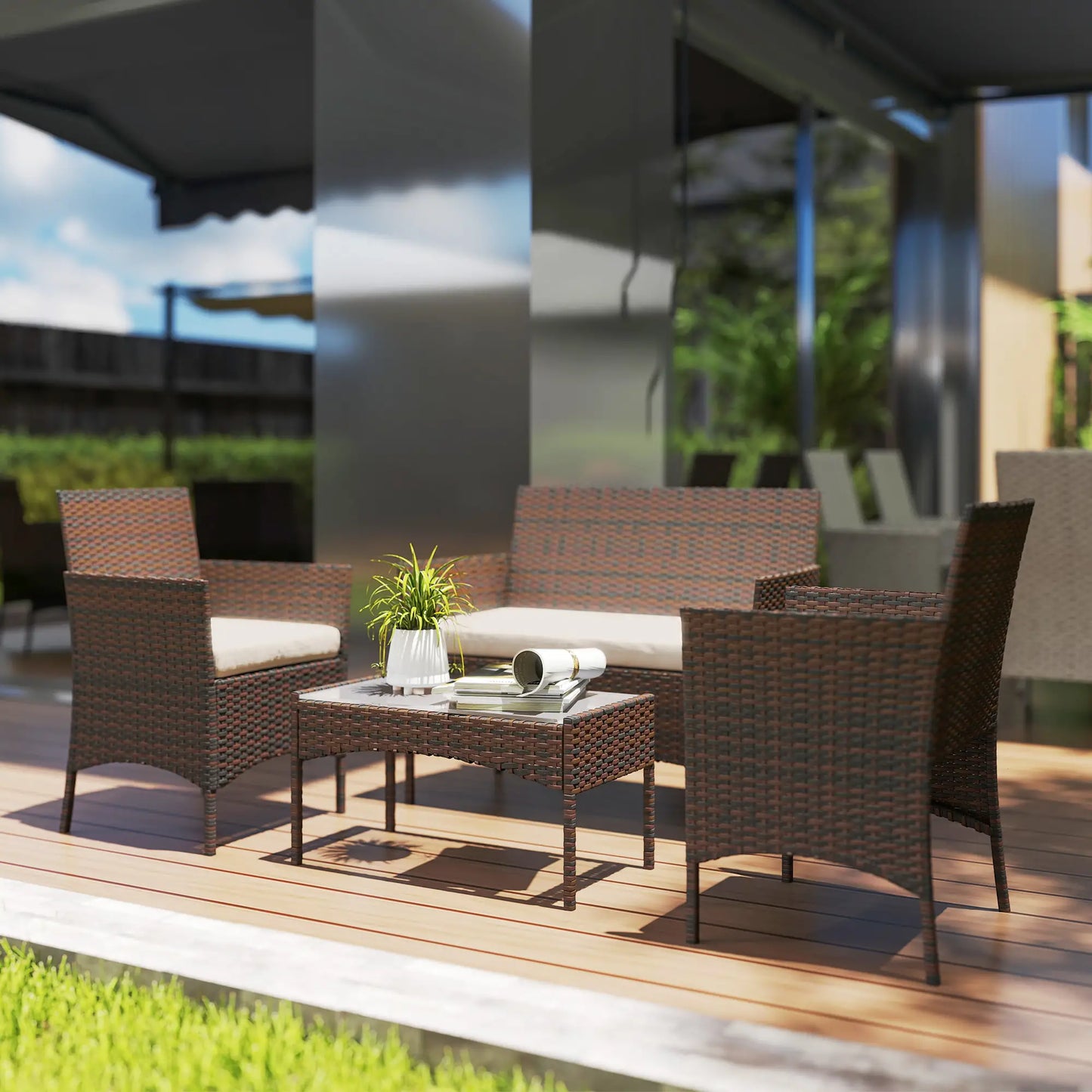 4 Piece Rattan Garden Furniture Sofa Set in Brown