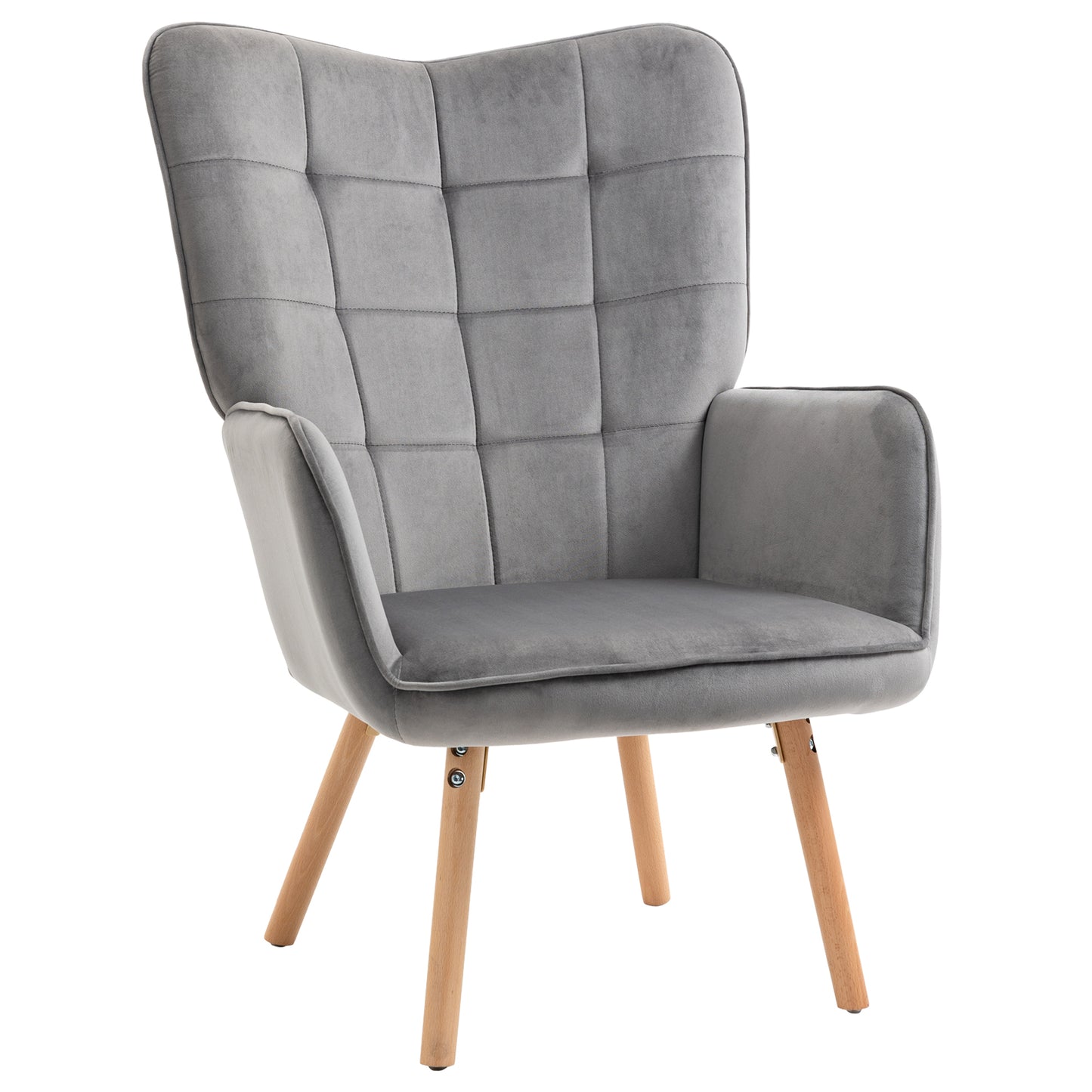 Accent Modern Armchair (HOMCOM) Cushioned Upholstered Velvet Tufted Wingback Leisure Armchair in Grey