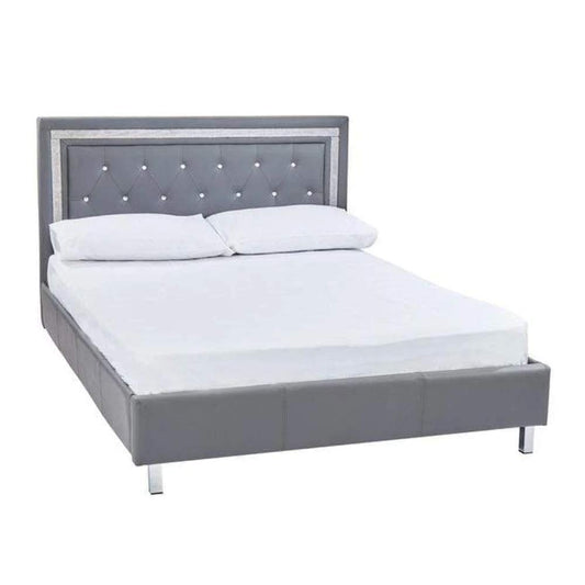 Crystalle Grey Faux Leather Bed - Diamante Trim & Buttons - King Size