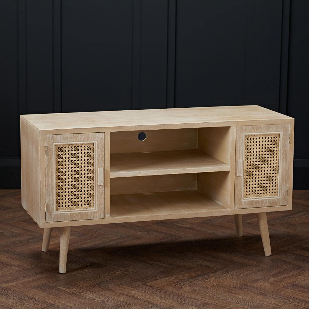 Toulouse Beach Washed Oak Effect 2 Door TV Unit - Rattan Style Panels