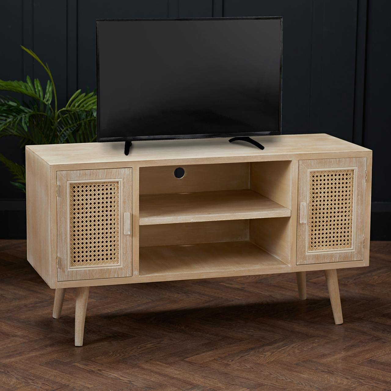 Toulouse Beach Washed Oak Effect 2 Door TV Unit - Rattan Style Panels