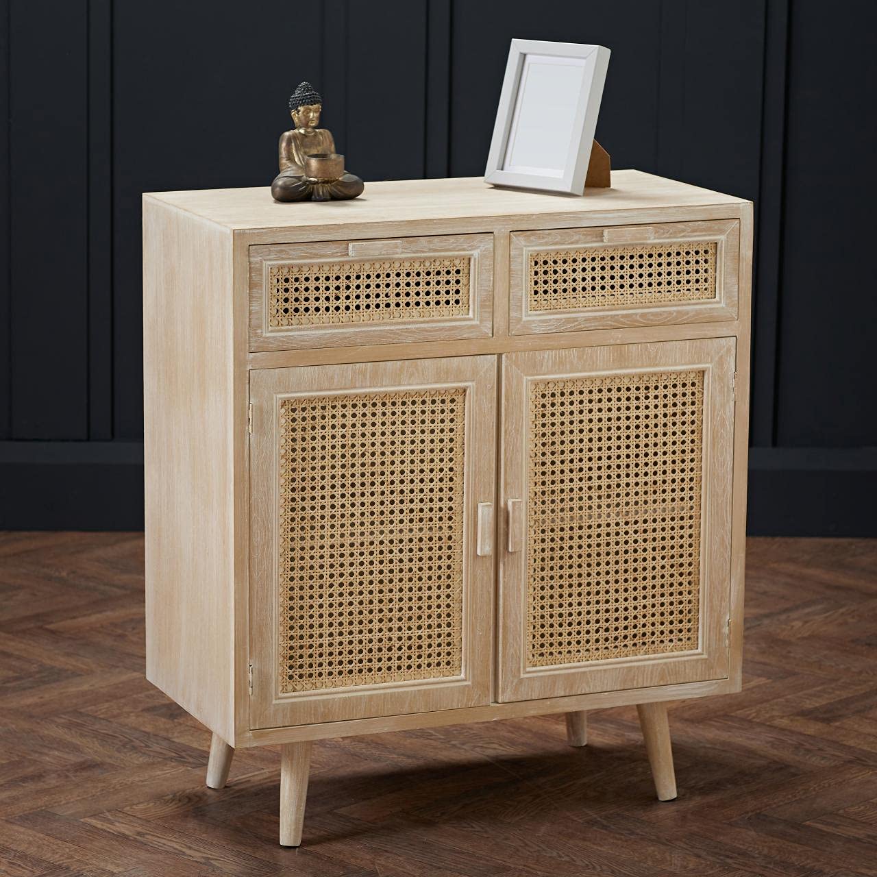 Toulouse Beach Washed Oak Effect 2 Door 2 Drawer Sideboard - Rattan Style Panels
