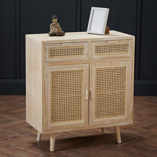 Toulouse Beach Washed Oak Effect 2 Door 2 Drawer Sideboard - Rattan Style Panels