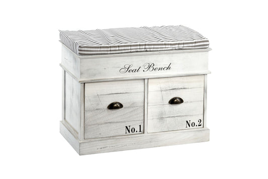 White Wood Seat Bench 2 Drawers