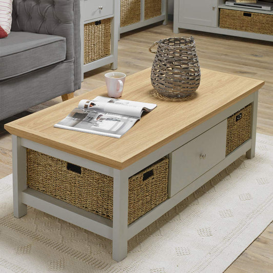 Cotswold coffee table with wicker baskets