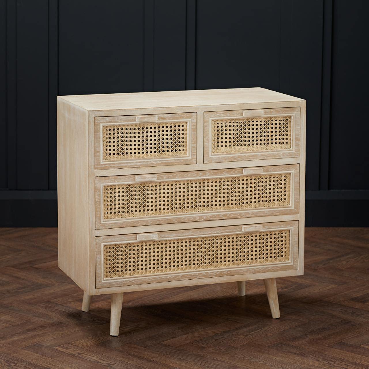 Toulouse Beach Washed Oak Effect 2+2 Drawer Chest - Rattan Style Panels