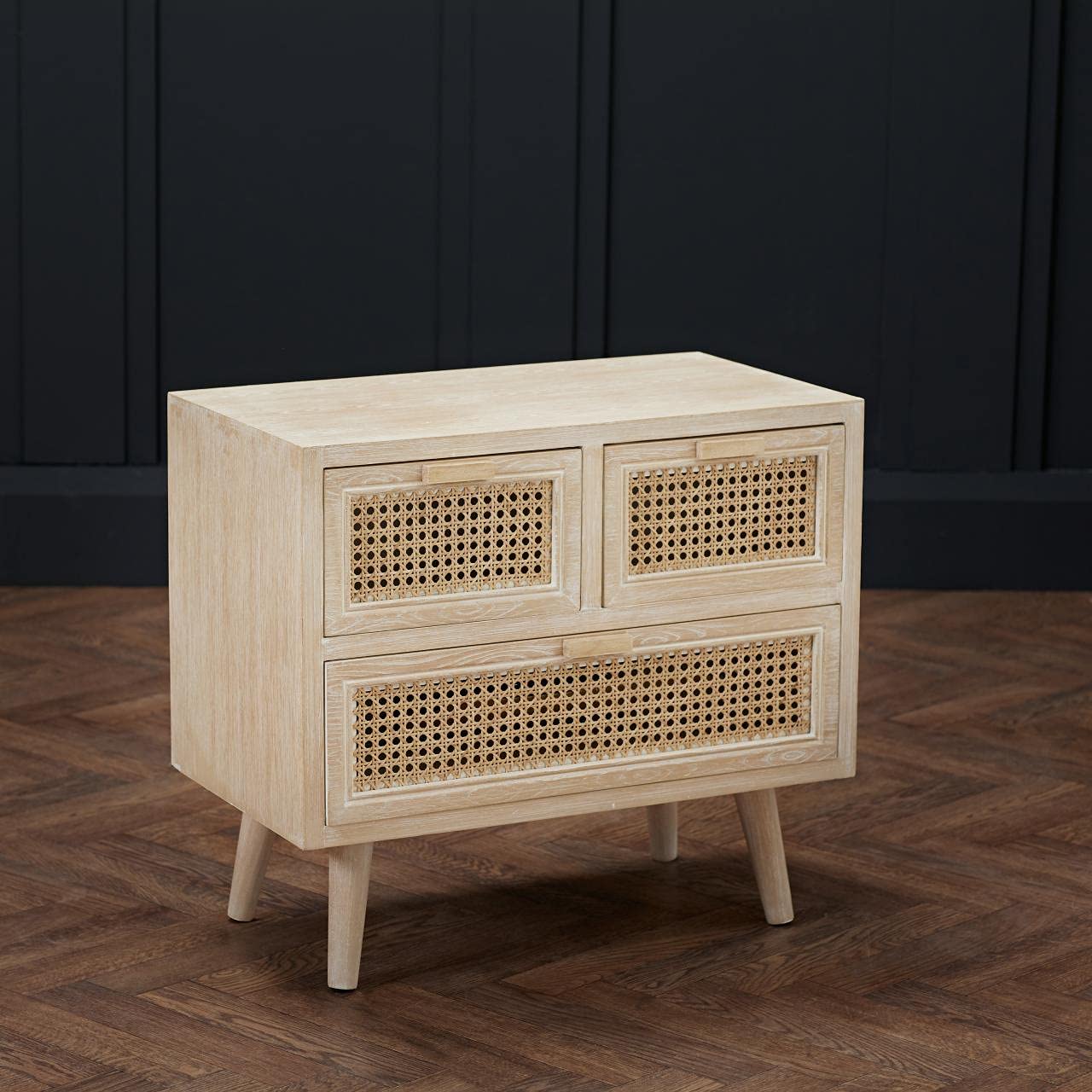 Toulouse Beach Washed Oak Effect 3 Drawer Cabinet - Rattan Style Panels