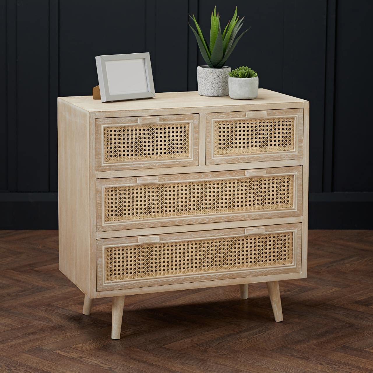 Toulouse Beach Washed Oak Effect 2+2 Drawer Chest - Rattan Style Panels