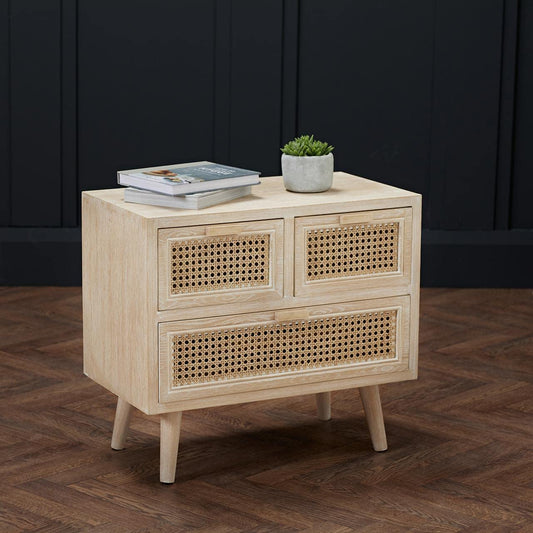 Toulouse Beach Washed Oak Effect 3 Drawer Cabinet - Rattan Style Panels