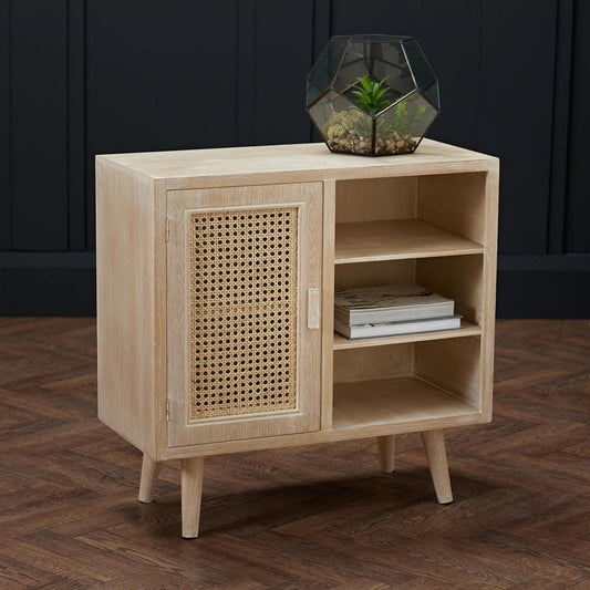 Toulouse Beach Washed Oak Effect 1 Door Display Cabinet - Rattan Style Panels