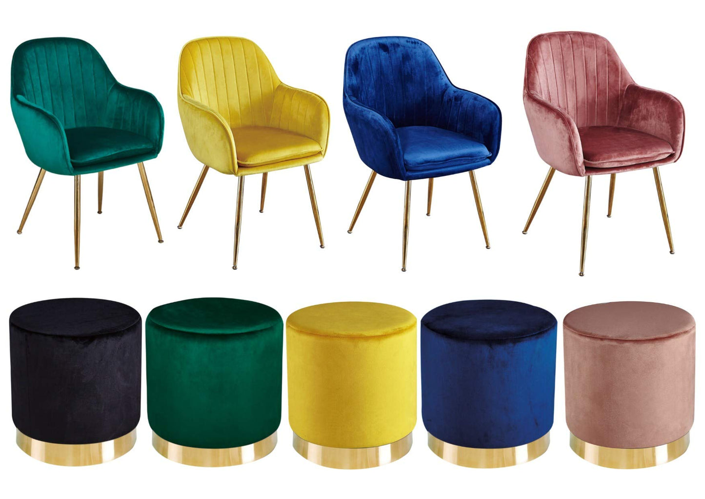 Lara Velvet Dining Chairs (Pair) with Gold Legs - Blue, Green, Pink or Yellow